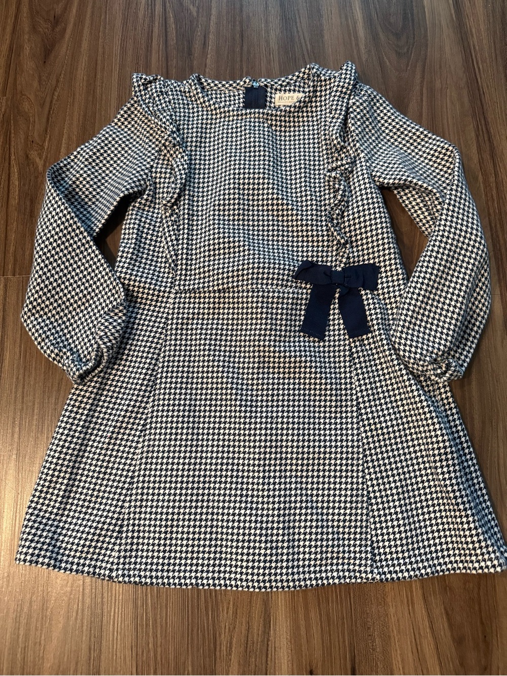 Hope & Henry Navy Houndstooth Ruffle Bow Girls Dress Size 5